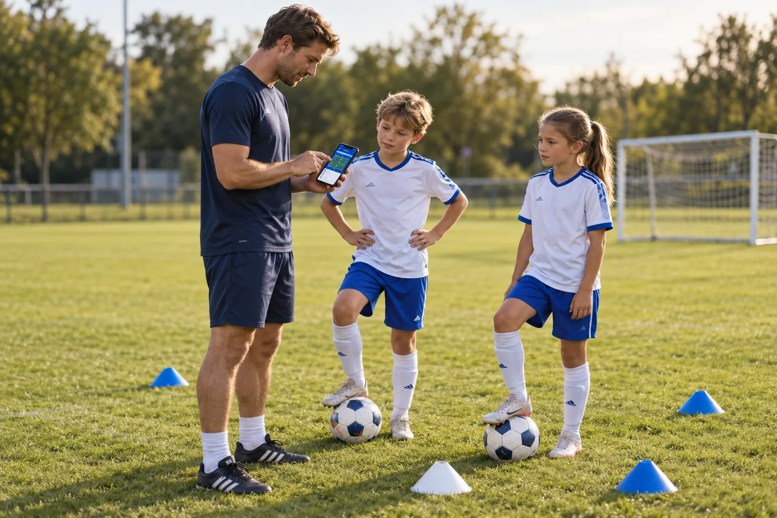 Ein Trainer prüft eine vorbereitete Übung auf seinem Handy, während zwei Kinder in weiß-blauen Fußballtrikots mit ihren Bällen auf dem Trainingsplatz warten.