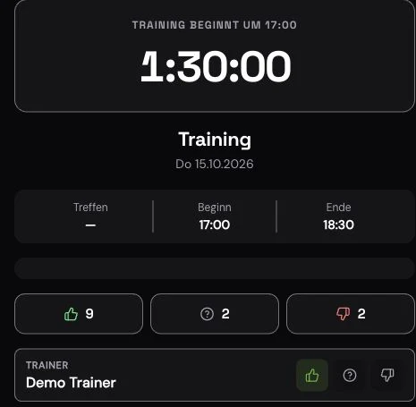 Trainingstermin in 11Coach mit Beginn um 17 Uhr, Ende um 18:30 Uhr und Zu-, Unsicher- und Absagen.
